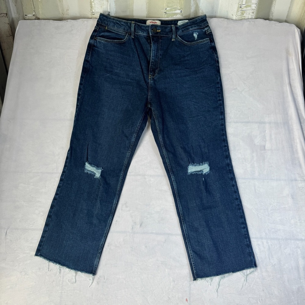 Wrangler Womens True Straight Crop Jeans 14 Dark Blue Denim Distressed High Rise